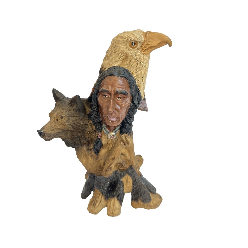 Indian Tribal Statue‎ Man Wolf Eagle Resin Vintage